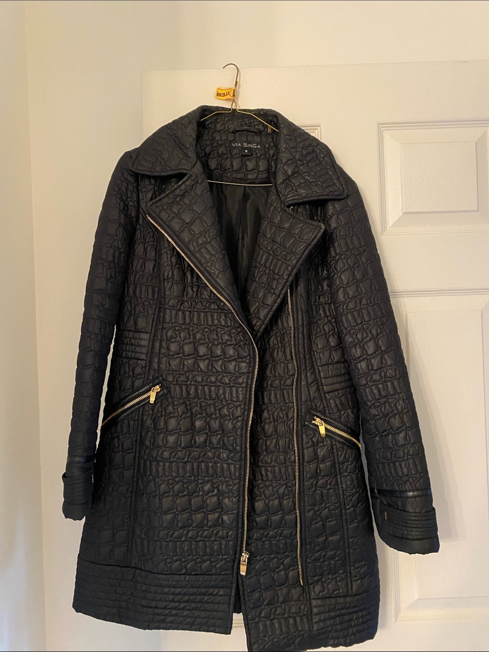 Via Spiga Black Quilted Long Trench Coat with Gold Accents